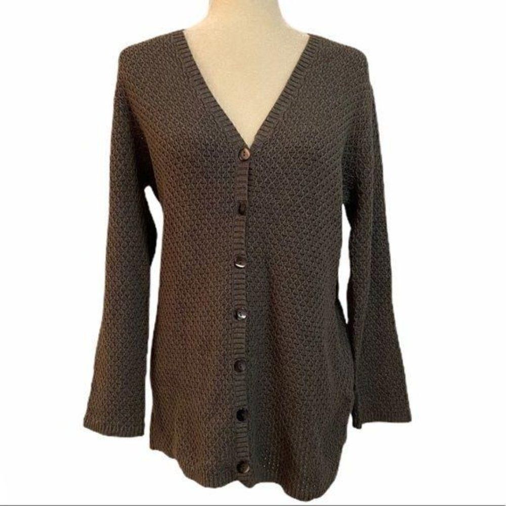 Jones New York Grey Knit V Neck Button Front Cardigan Sweater Large New